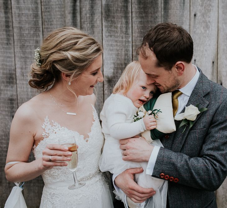 Family Portrait | Bride in Essense of Australia Gown | Groom in  Grey Suit | Gold, Grey &amp; Green Rustic Wedding at The Gilbert White’s 16th Century Hampshire Barn | Joasis Photography