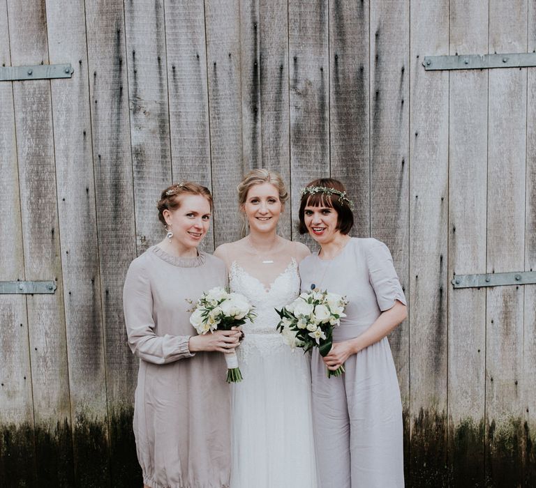 Bridal Party | Bride in Essense of Australia Gown | Groom in  Grey Suit | Gold, Grey &amp; Green Rustic Wedding at The Gilbert White’s 16th Century Hampshire Barn | Joasis Photography