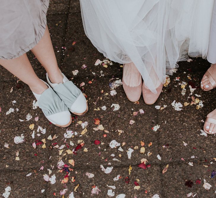 Bridal Party Shoes | Bride in Essense of Australia Gown | Groom in  Grey Suit | Gold, Grey &amp; Green Rustic Wedding at The Gilbert White’s 16th Century Hampshire Barn | Joasis Photography