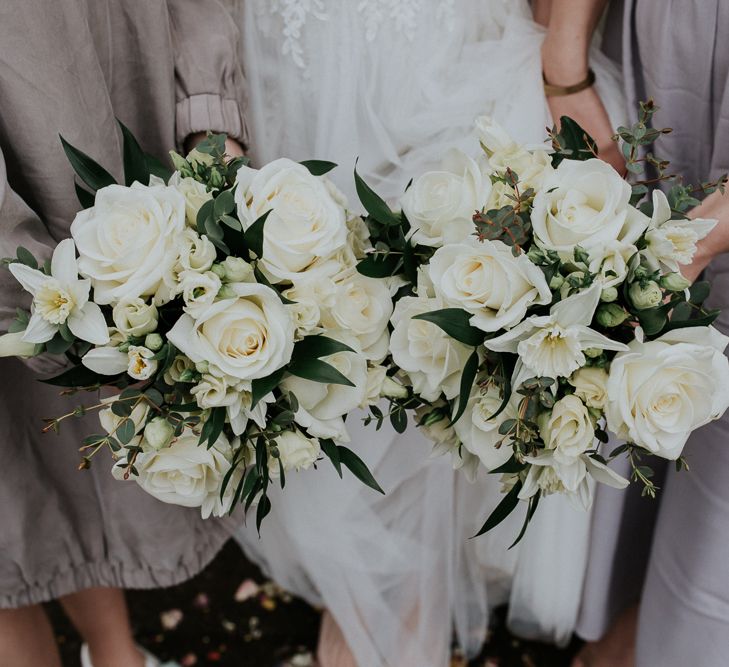 White Rose Bouquets | Gold, Grey &amp; Green Rustic Wedding at The Gilbert White’s 16th Century Hampshire Barn | Joasis Photography