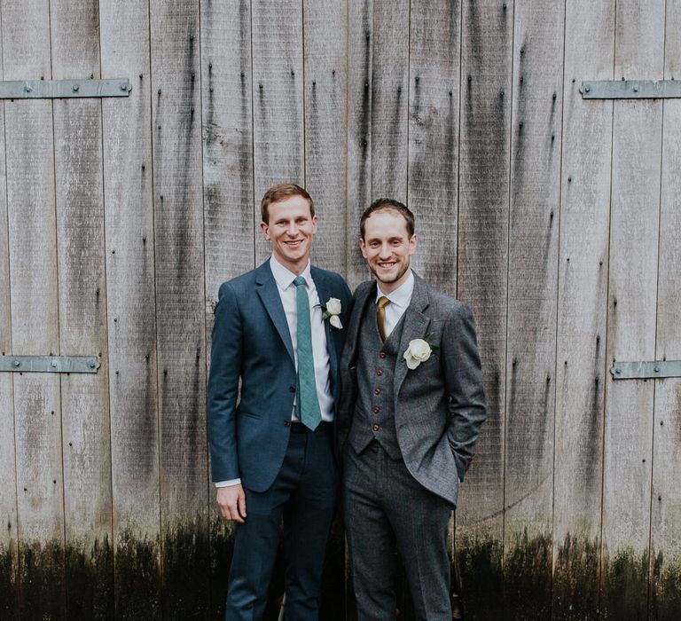 Groom in Grey Suit | Gold, Grey &amp; Green Rustic Wedding at The Gilbert White’s 16th Century Hampshire Barn | Joasis Photography