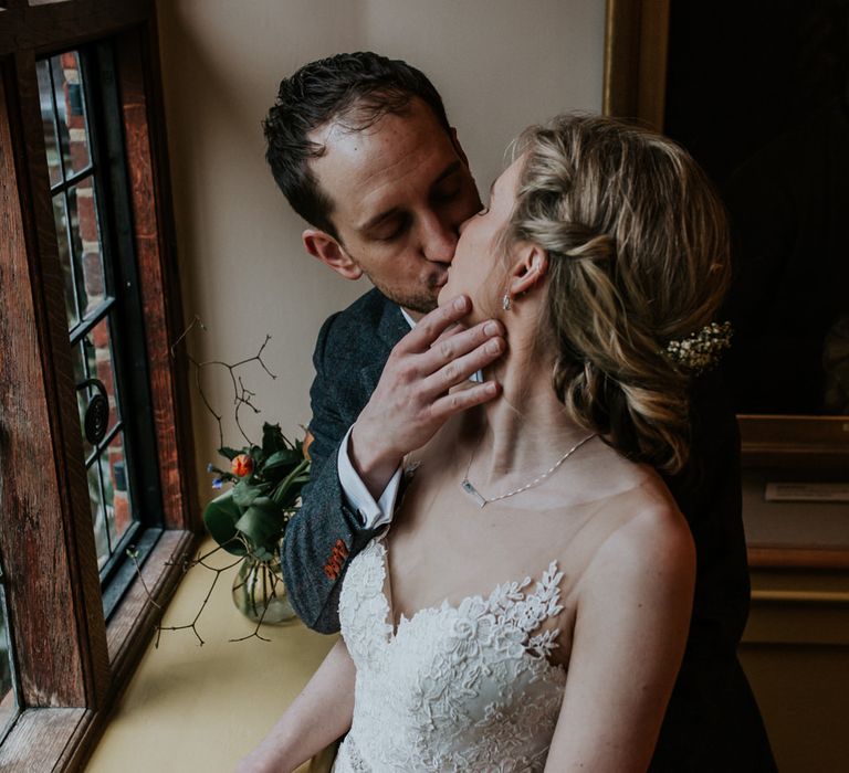 Bride in Essense of Australia Gown | Groom in  Grey Suit | Gold, Grey &amp; Green Rustic Wedding at The Gilbert White’s 16th Century Hampshire Barn | Joasis Photography