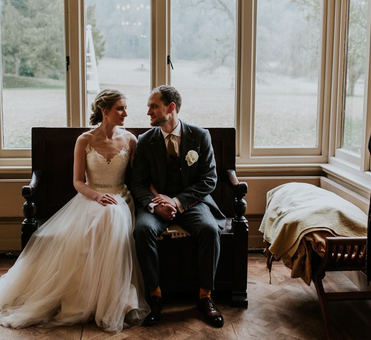 Bride in Essense of Australia Gown | Groom in  Grey Suit | Gold, Grey &amp; Green Rustic Wedding at The Gilbert White’s 16th Century Hampshire Barn | Joasis Photography