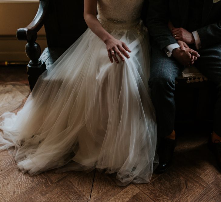 Bride in Essense of Australia Gown | Groom in  Grey Suit | Gold, Grey &amp; Green Rustic Wedding at The Gilbert White’s 16th Century Hampshire Barn | Joasis Photography