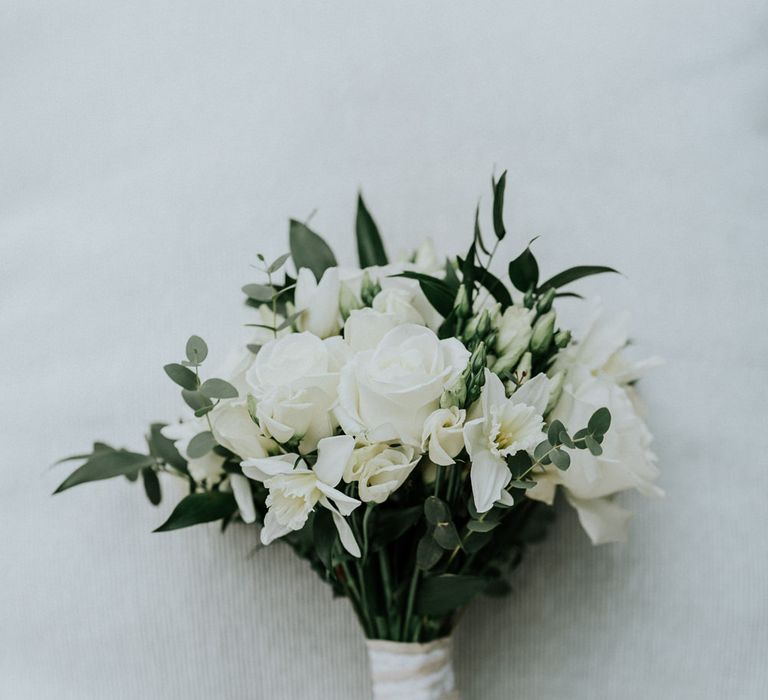 White &amp; Green Bridal Bouquet | Gold, Grey &amp; Green Rustic Wedding at The Gilbert White’s 16th Century Hampshire Barn | Joasis Photography