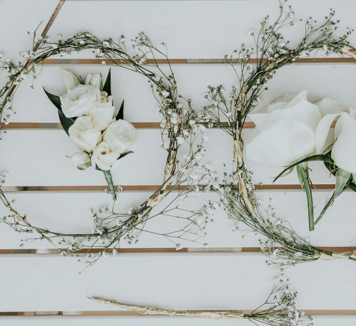 Flower Crown &amp; Buttonhole | Gold, Grey &amp; Green Rustic Wedding at The Gilbert White’s 16th Century Hampshire Barn | Joasis Photography