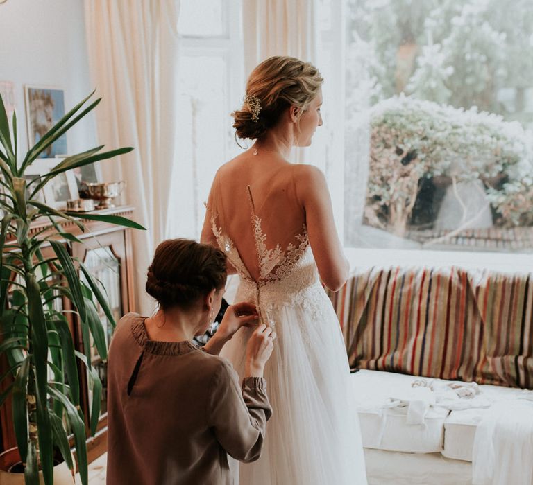 Wedding Morning Bridal Preparations | Bride in Essense of Australia Bridal Gown | Gold, Grey &amp; Green Rustic Wedding at The Gilbert White’s 16th Century Hampshire Barn | Joasis Photography