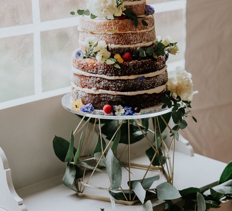 Milk Street Kitchen Naked Wedding Cake | Gold, Grey &amp; Green Rustic Wedding at The Gilbert White’s 16th Century Hampshire Barn | Joasis Photography