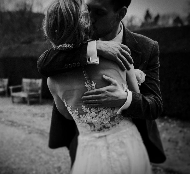 Bride in Essense of Australia Gown | Groom in  Grey Suit | Gold, Grey &amp; Green Rustic Wedding at The Gilbert White’s 16th Century Hampshire Barn | Joasis Photography