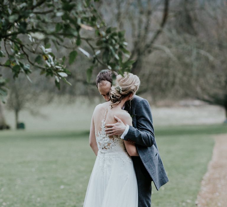 Bride in Essense of Australia Gown | Groom in  Grey Suit | Gold, Grey &amp; Green Rustic Wedding at The Gilbert White’s 16th Century Hampshire Barn | Joasis Photography