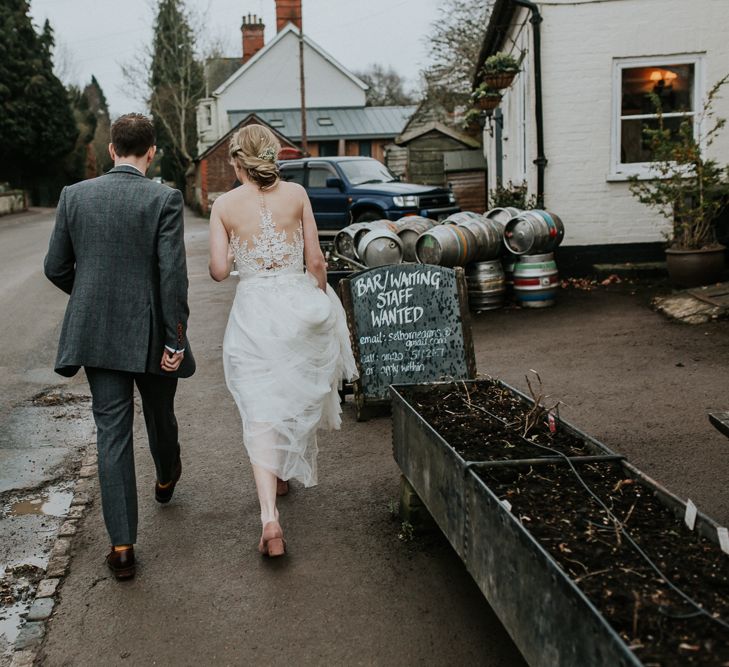 Bride in Essense of Australia Gown | Groom in  Grey Suit | Gold, Grey &amp; Green Rustic Wedding at The Gilbert White’s 16th Century Hampshire Barn | Joasis Photography