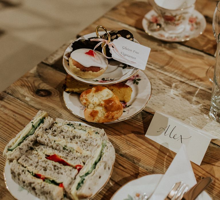 Afternoon Tea Wedding Breakfast | Gold, Grey &amp; Green Rustic Wedding at The Gilbert White’s 16th Century Hampshire Barn | Joasis Photography