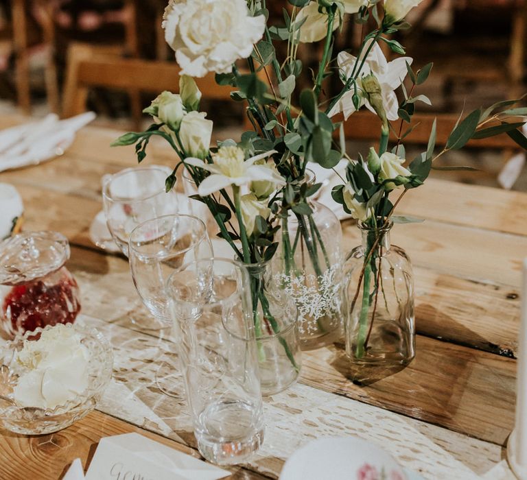 Flower Stems in Vases Wedding Decor | Gold, Grey &amp; Green Rustic Wedding at The Gilbert White’s 16th Century Hampshire Barn | Joasis Photography