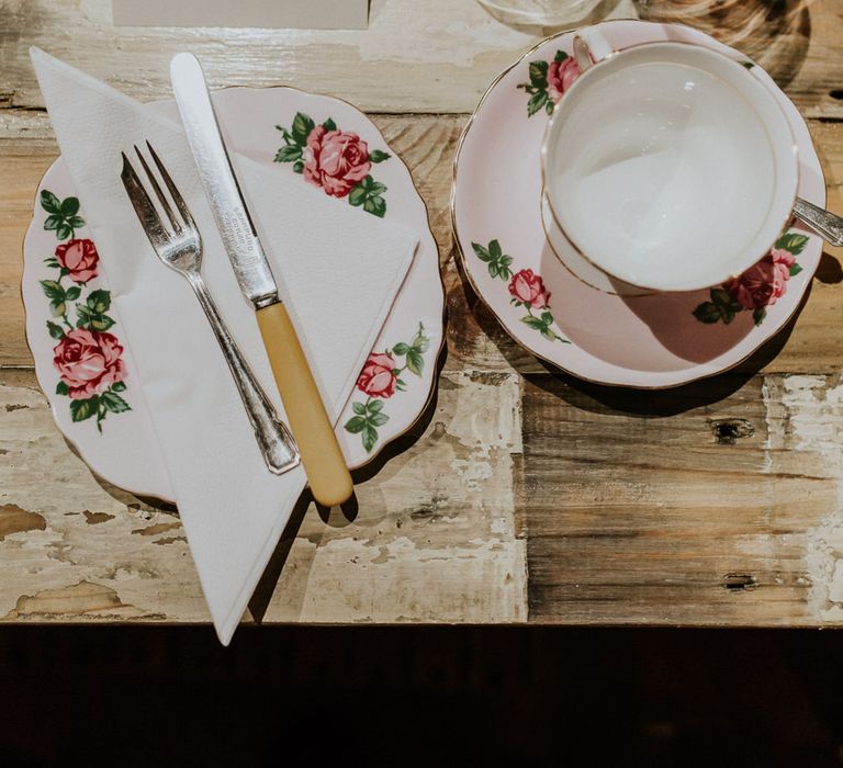 Vintage China | Gold, Grey &amp; Green Rustic Wedding at The Gilbert White’s 16th Century Hampshire Barn | Joasis Photography