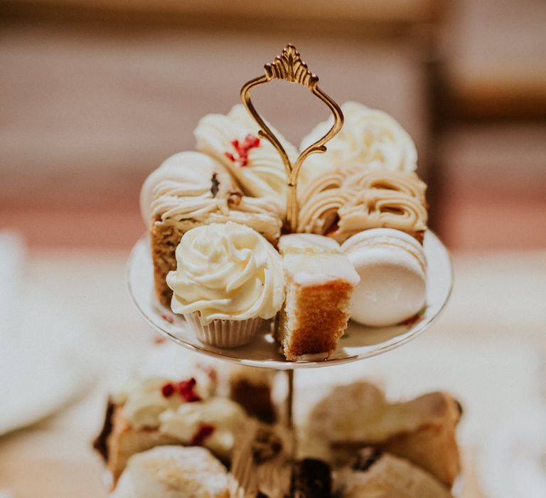 Afternoon Tea Wedding Breakfast | Gold, Grey &amp; Green Rustic Wedding at The Gilbert White’s 16th Century Hampshire Barn | Joasis Photography