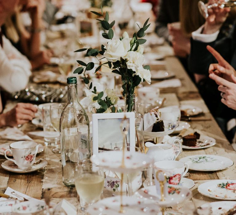 Wedding Table Decor | Gold, Grey &amp; Green Rustic Wedding at The Gilbert White’s 16th Century Hampshire Barn | Joasis Photography