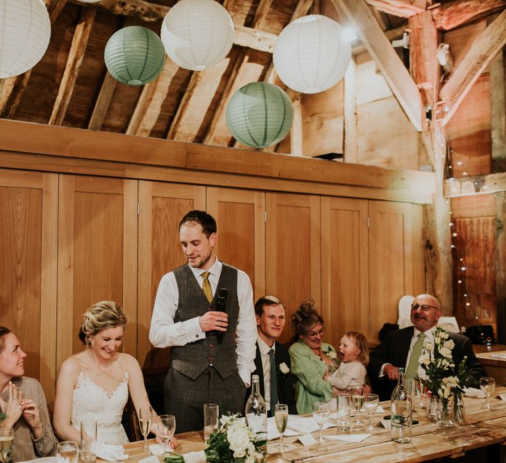 Wedding Reception Speeches | Gold, Grey &amp; Green Rustic Wedding at The Gilbert White’s 16th Century Hampshire Barn | Joasis Photography