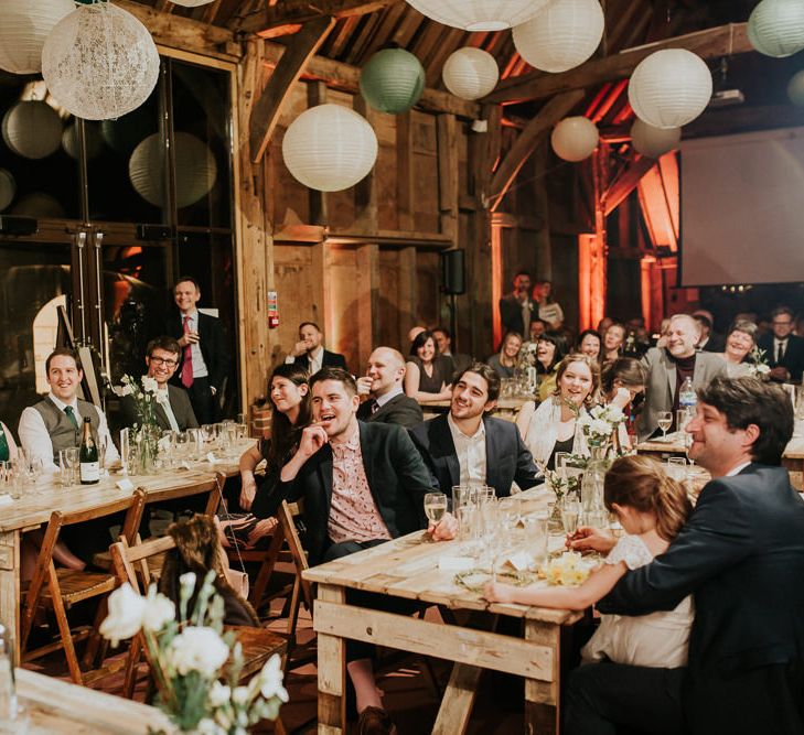 Evening Reception | Gold, Grey &amp; Green Rustic Wedding at The Gilbert White’s 16th Century Hampshire Barn | Joasis Photography