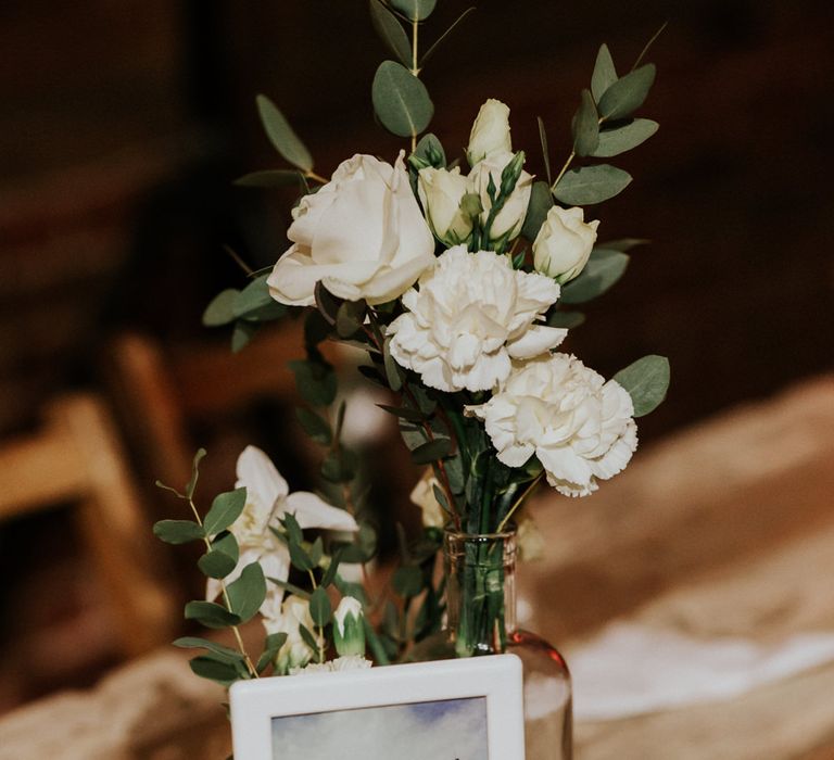 Flower Stems in Vases Wedding Decor | Gold, Grey &amp; Green Rustic Wedding at The Gilbert White’s 16th Century Hampshire Barn | Joasis Photography