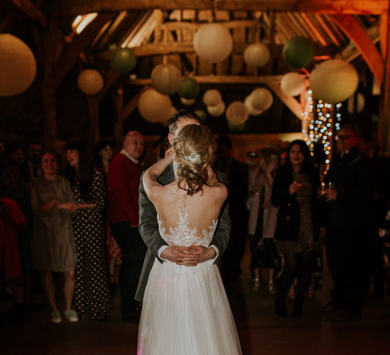 Bride &amp; Groom First Dance | Gold, Grey &amp; Green Rustic Wedding at The Gilbert White’s 16th Century Hampshire Barn | Joasis Photography