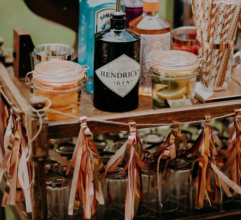 DIY gin bar at Tithe Barn Petersfield wedding