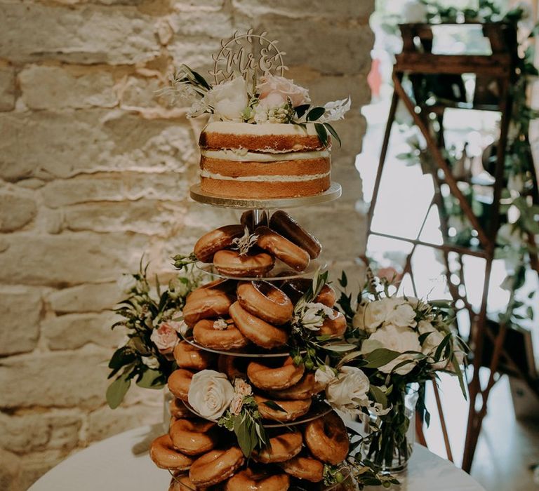 Doughnut wedding cake with M&amp;S cake at top