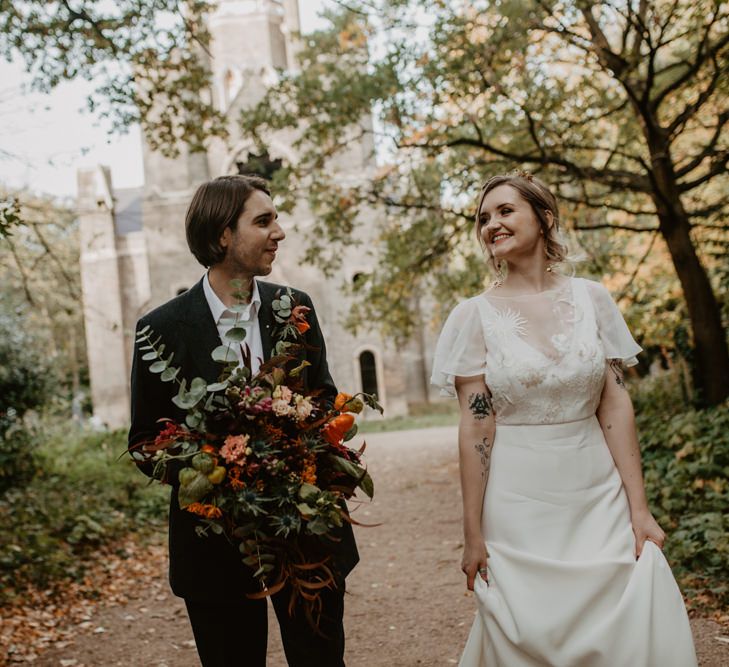 Bride and Groom Autumn Wedding Portrait