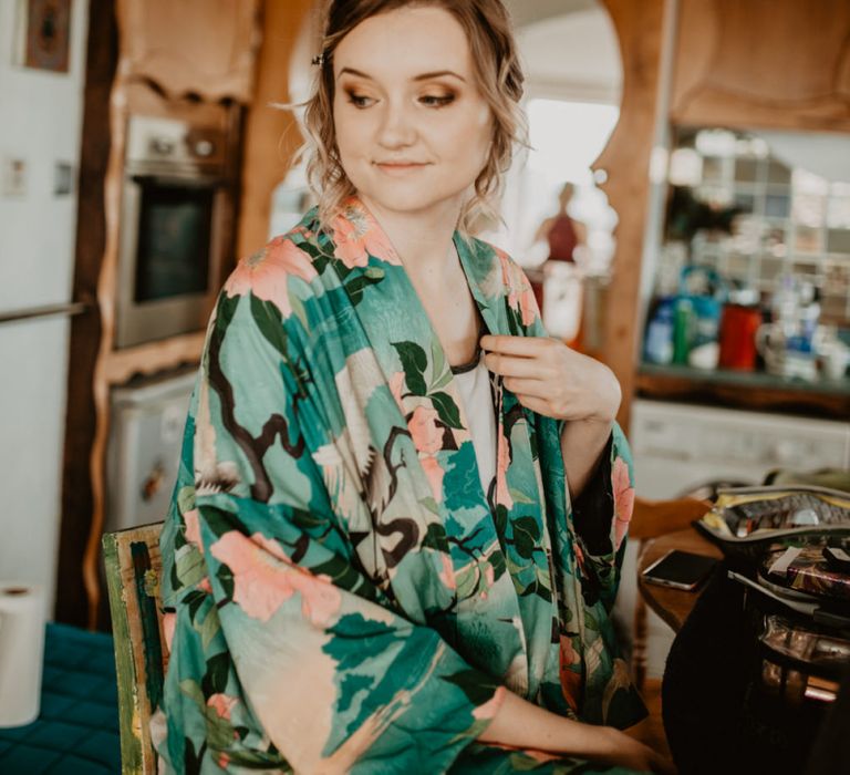 Bride in Green Floral Getting Ready Robe