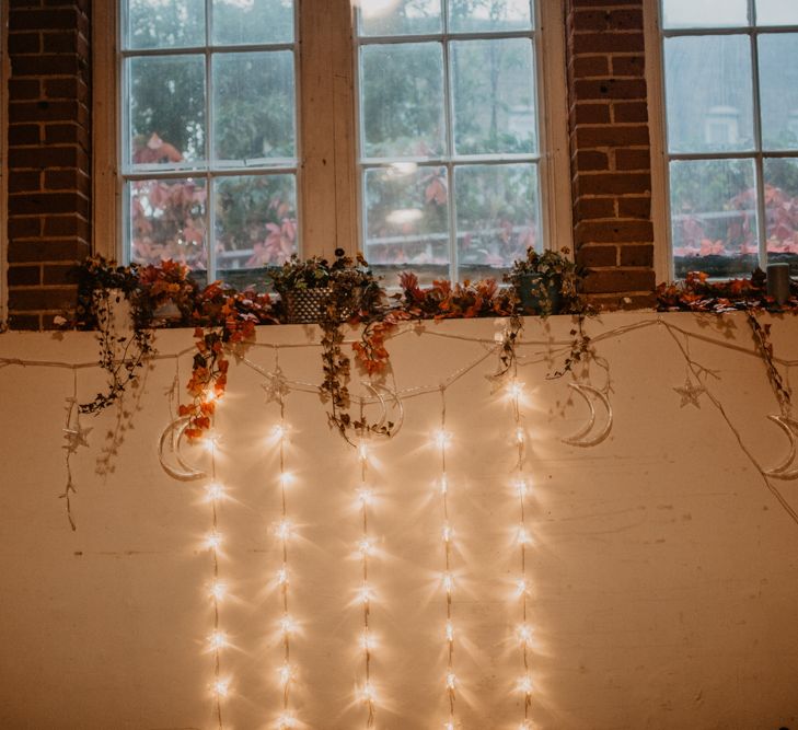 String Lights Wedding Decor with Dried Leaves