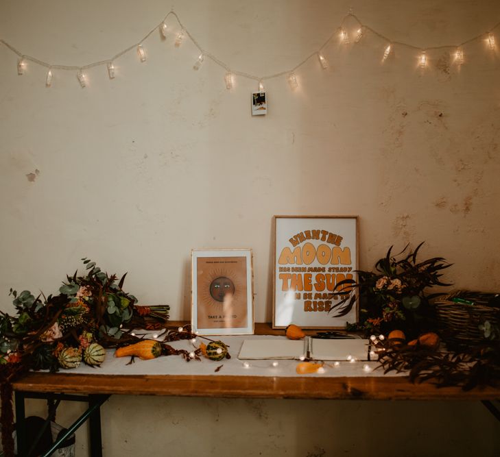 Wedding Guest Book Table with String Light Decor