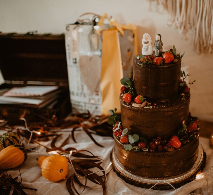 Three Tier Chocolate Wedding Cake with Strawberry Decor