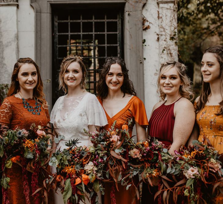 Bridal Party Portrait with Bride in Lace Story of My Dress Bridal Gown