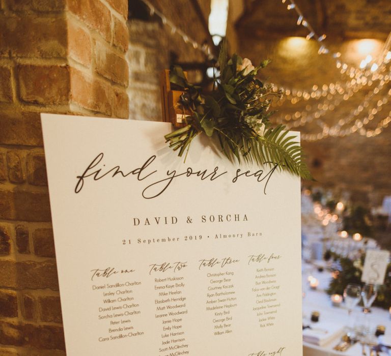 Wedding seating chart at Almonry Barn