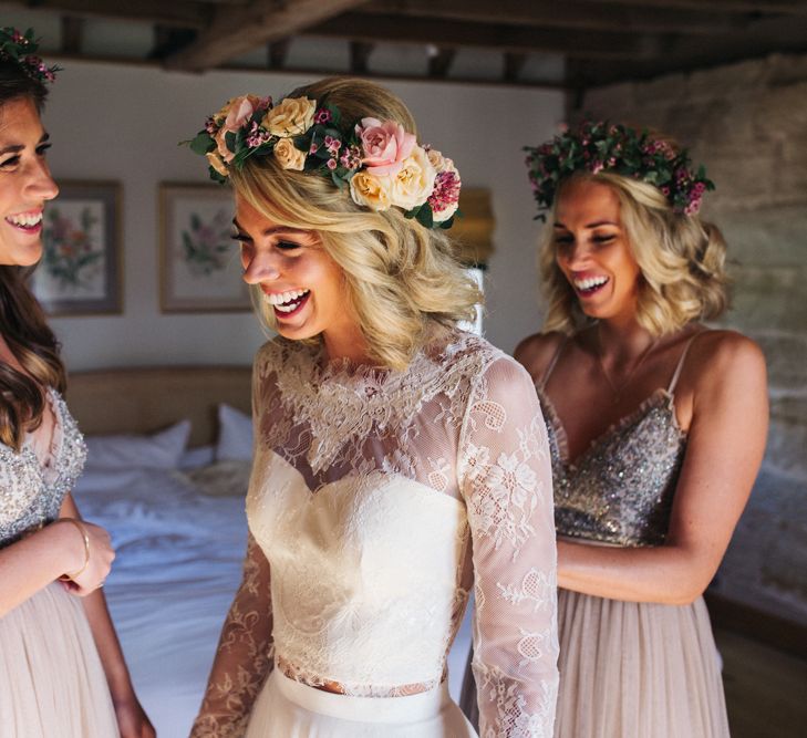 Wedding Morning Bridal Preparations with Bridesmaids in Needle &amp; Thread Dresses and Flower Crowns