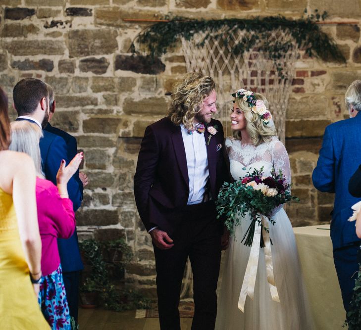 Wedding Ceremony with Bride in Separates and Flower Crown and Groom in Burgundy Suit