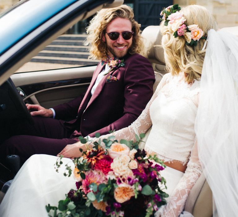 Bride in Separates and Flower Crown with Groom in Burgundy Suit