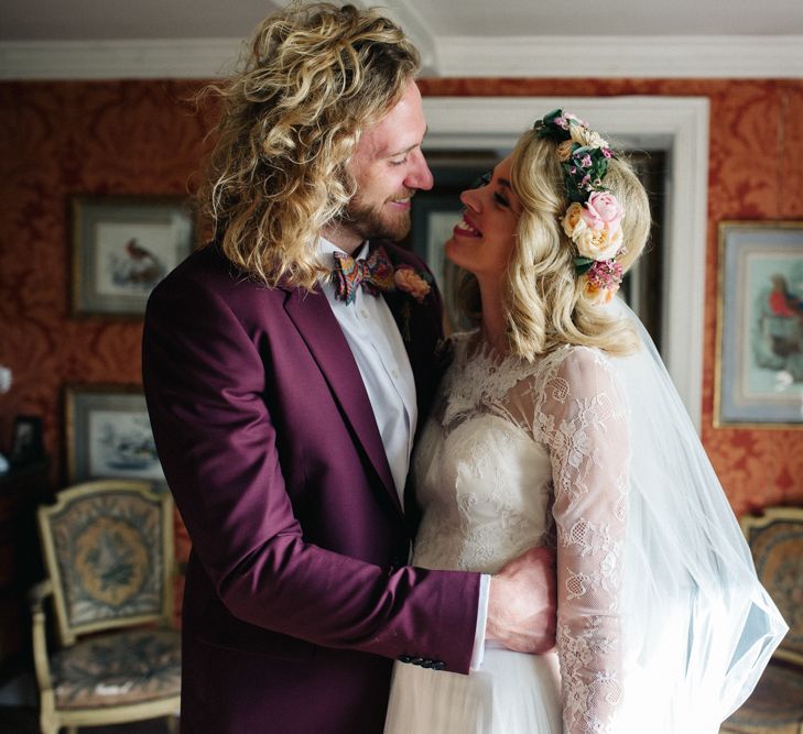 Bride in Separates and Flower Crown with Groom in Burgundy Suit