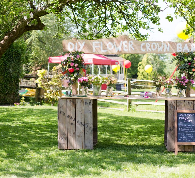 DIY Flower Crown Bar | Spring Wedding Colours for 2019 | Bold &amp; Bright Spring Wedding Inspiration by Helaina Storey Wedding Design | Flowers by Bloomologie | Palette Signs by Made by Wood &amp; Wood | Claire Graham Photography