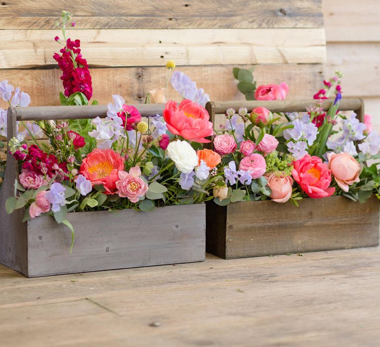 Wooden Crate Floral Arrangement with Pink Peonies | Spring Wedding Colours for 2019 | Bold &amp; Bright Spring Wedding Inspiration by Helaina Storey Wedding Design | Flowers by Bloomologie | Palette Signs by Made by Wood &amp; Wood | Claire Graham Photography