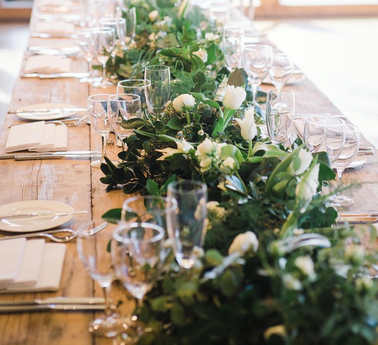 Wedding Banquet Table Floral Garland by Wilde Thyme Wedding Flowers | Spring Wedding Colours for 2019 | Pure &amp; Simple White &amp; Green Spring Wedding Inspiration