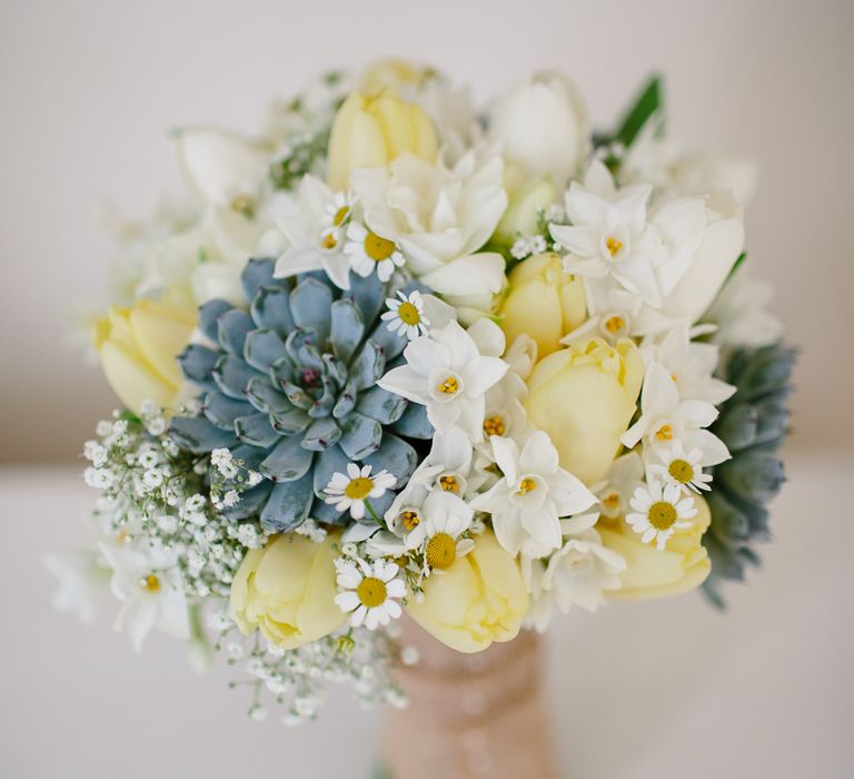 Lemon Tulips, Succulents &amp; White Flower Bouquet | Spring Wedding Colours for 2019 | Zesty Spring Wedding Inspiration | Kate Grey Photography