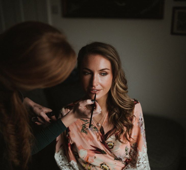 Bride Getting Ready For Wedding Wearing Floral Mae's Sunday Robe // Image By James Frost