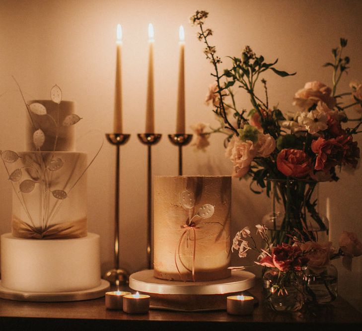 Trio Of Wedding Cakes For Candle Lit Dessert Table By Peboryon // Image By James Frost