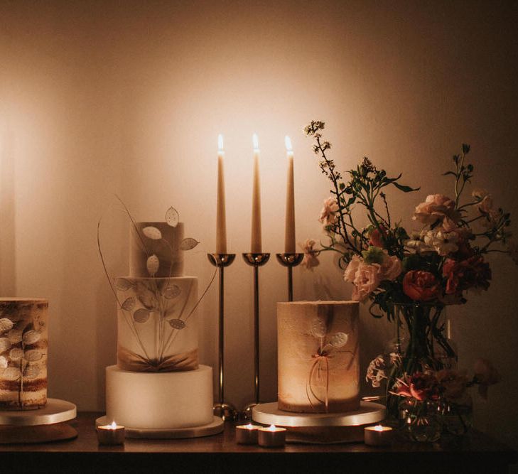 Trio Of Wedding Cakes For Candle Lit Dessert Table By Peboryon // Image By James Frost