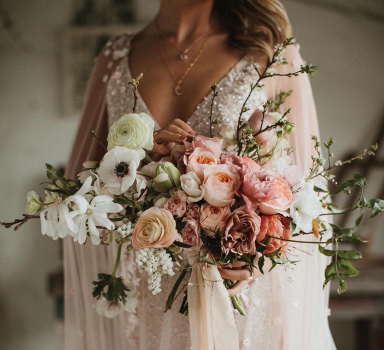 Rose, Ranunculus, Anemone And Blossom Wedding Bouquet By 3acre Blooms // Image By James Frost Photography