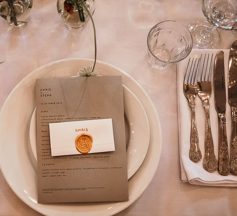 Place setting details at Clapton Country Club wedding for contemporary styled celebration