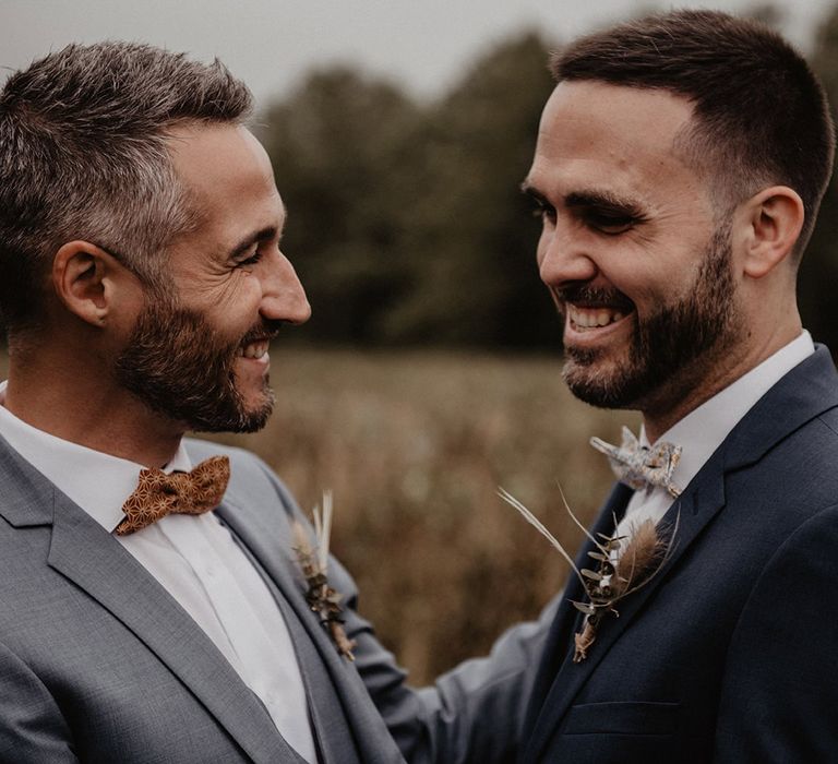 Grooms bow ties at  first look at destination wedding