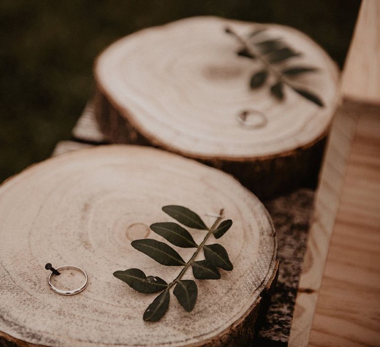 Rustic tree slice wedding ring holders