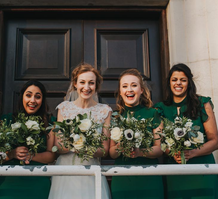 Handmade Posies by the Bride // Bride and Bridesmaids in ASOS Green Dresses Outside The West Reservoir Centre, Stoke Newington // Images by Remain In Light