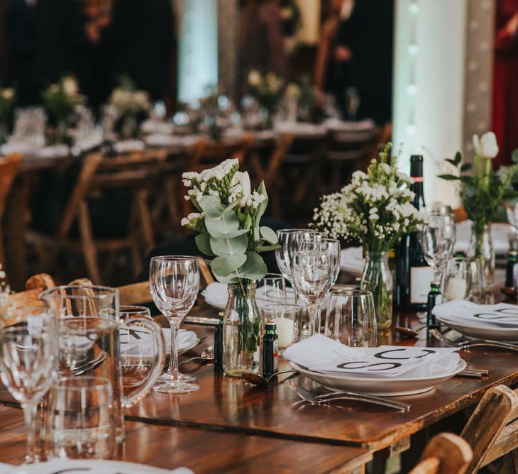 Trestle Tables without Table Linen // Glass Ware and White and Green Flowers in Vases // Images by Remain In Light